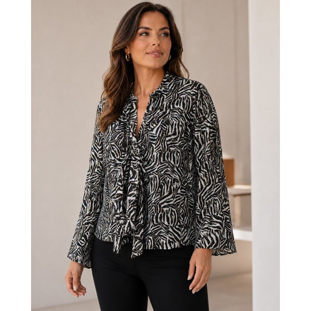 MICHAEL Michael Kors XL Zebra Metallic Tie Front Blouse Black Khaki NWT